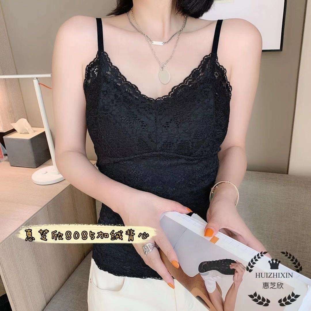 加绒加厚带胸垫蕾丝吊带背心女秋冬季内搭秋衣保暖内衣产品图