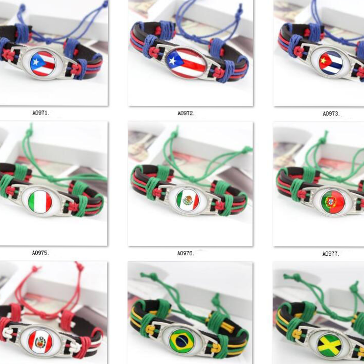 FLY 50 Mexico Venezuela Switzerland Peru World Cup Vintage cowhide rope bracelet with World flags