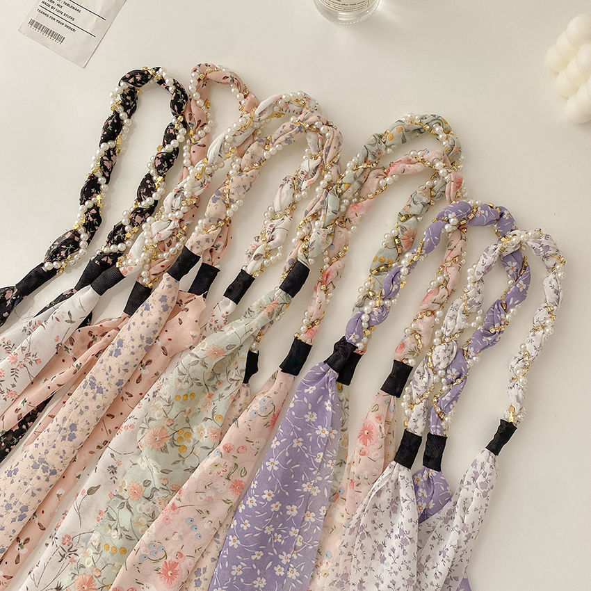 FLY44 Korean version floral ribbon headband, female Internet celebrity pearl headband, forest-tied hair band, hairpin headpiece, female hair accessory Item Picture
