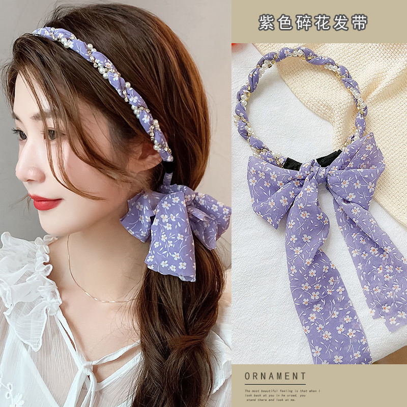 FLY44 Korean version floral ribbon headband, female Internet celebrity pearl headband, forest-tied hair band, hairpin headpiece, female hair accessory detail image 5