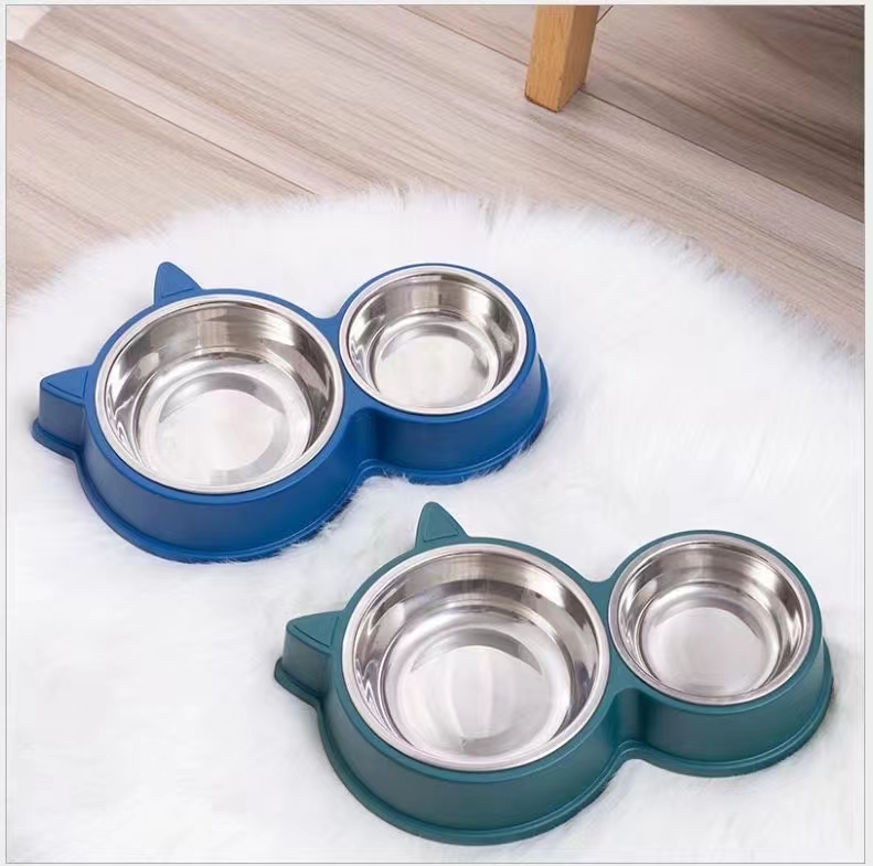 猫咪形状双碗/宠物形状双碗/宠物用品双碗白底实物图