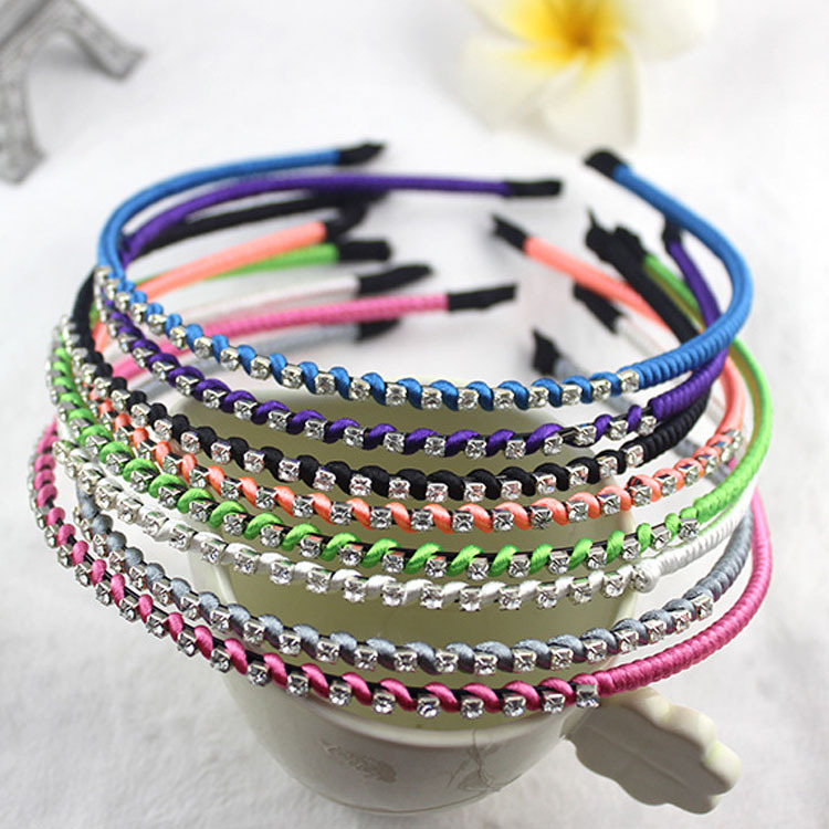 FLY38 Amazon wholesale single-row crystal headbands with drill bits, single-color Korean silk hand-woven headwear detail image 2