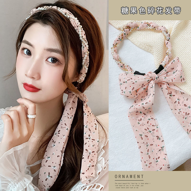 FLY44 Korean version floral ribbon headband, female Internet celebrity pearl headband, forest-tied hair band, hairpin headpiece, female hair accessory detail image 4