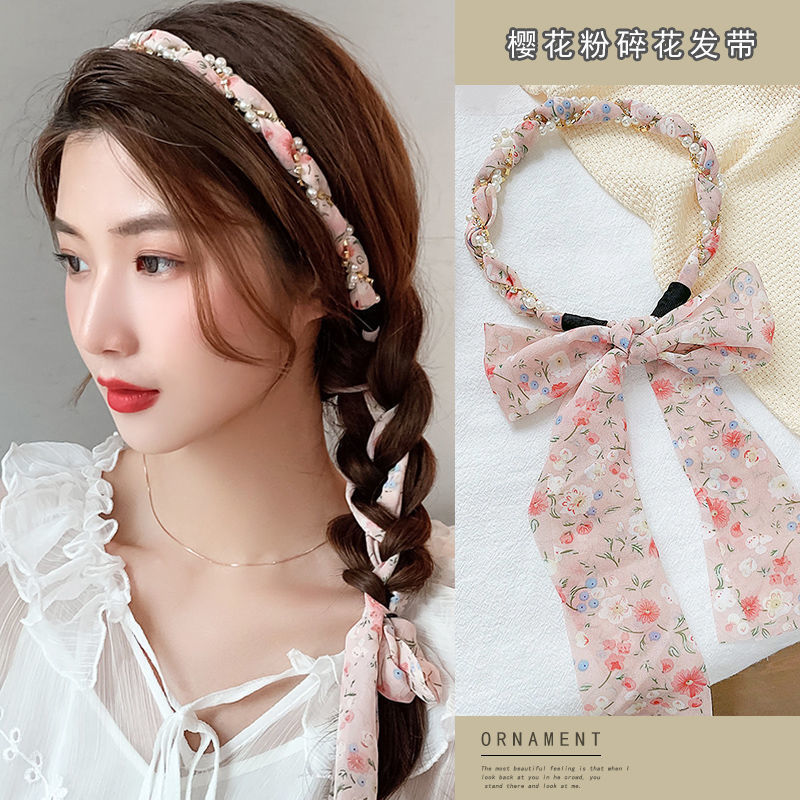 FLY44 Korean version floral ribbon headband, female Internet celebrity pearl headband, forest-tied hair band, hairpin headpiece, female hair accessory detail image 1