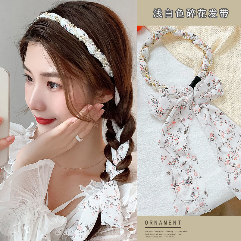 FLY44 Korean version floral ribbon headband, female Internet celebrity pearl headband, forest-tied hair band, hairpin headpiece, female hair accessory detail image 3