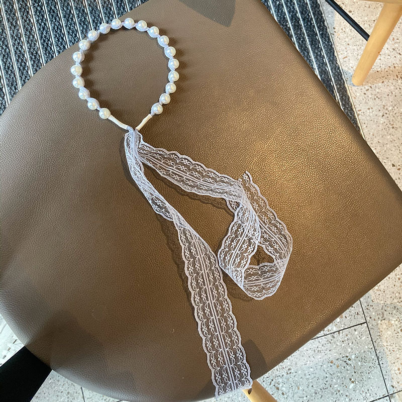 FLY43 Fairy Forest style pearl headband Ribbon one-piece headwear Super fairy Princess style rear-hanging pearl headband headband Item Picture