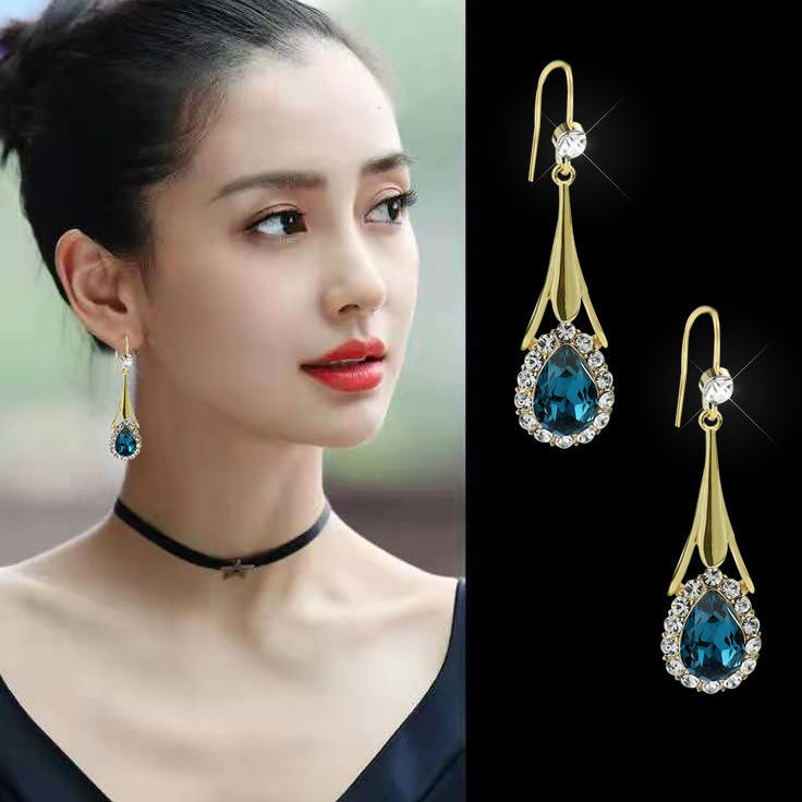 耳环韩国气质网红女防过敏蓝色之恋水晶耳坠奢华百搭2021年新款潮详情图2