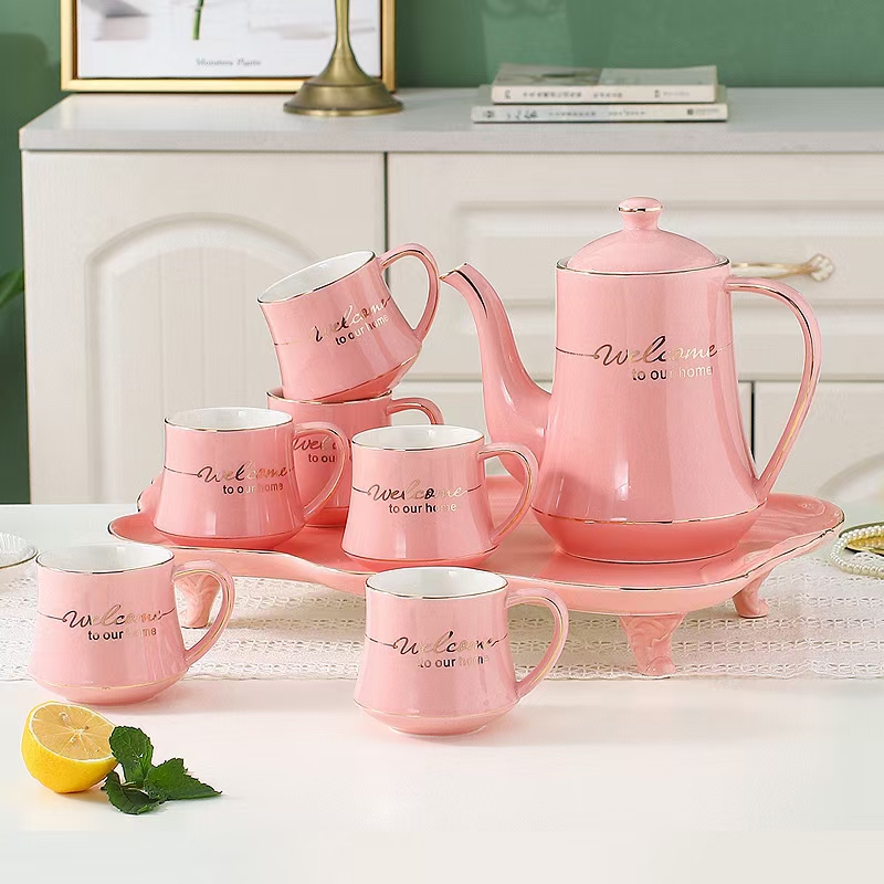Nuevo conjunto de tazas de café rosa de cerámica