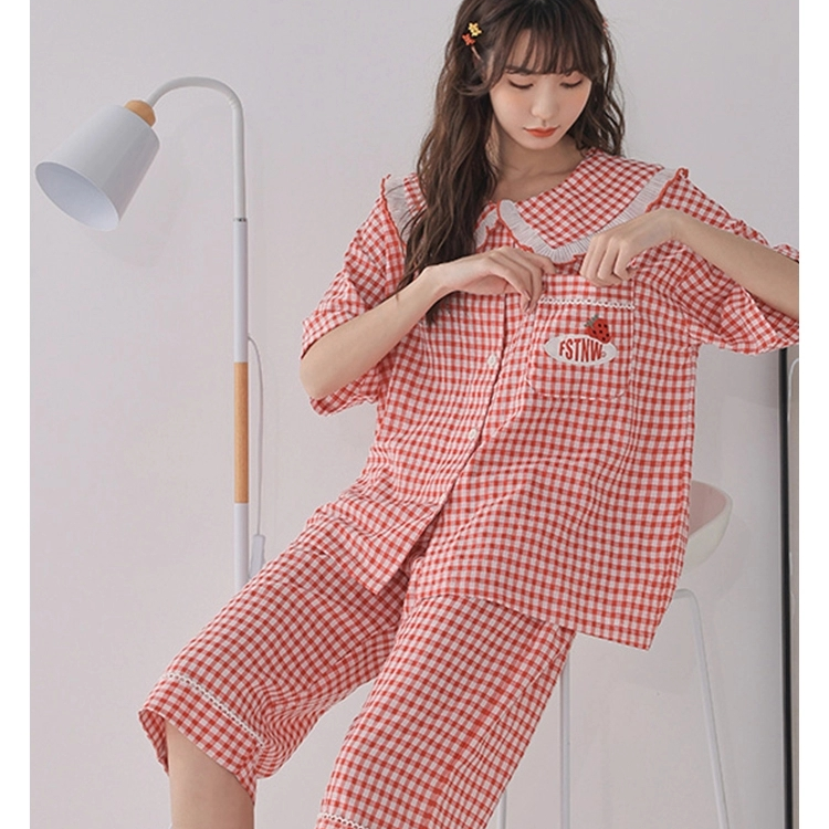 纯棉日系少女风夏季短袖睡衣娃娃领花边可外穿格纹家居服两件套装