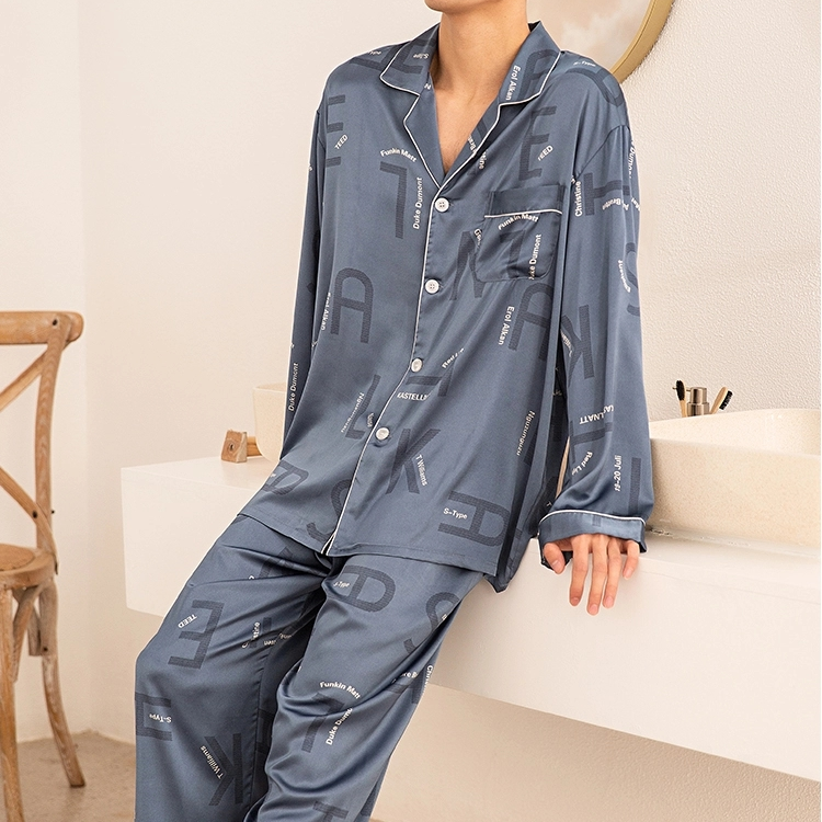 睡衣男士冰雪丝薄款宽松丝质睡衣两件套春秋长袖丝绸家居服套装