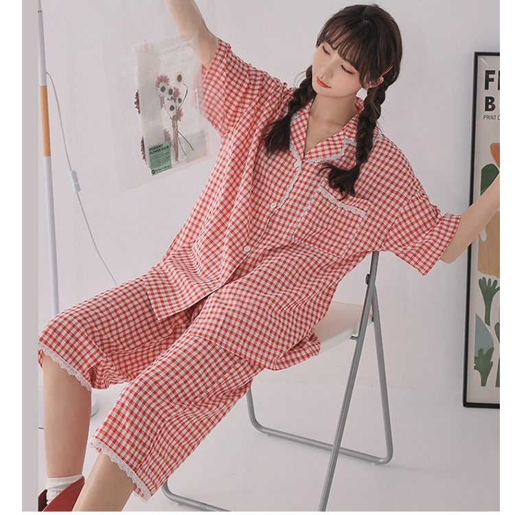 睡衣女夏短袖宽松可外穿甜美风格纹花边日系小清新纯棉家居服套装