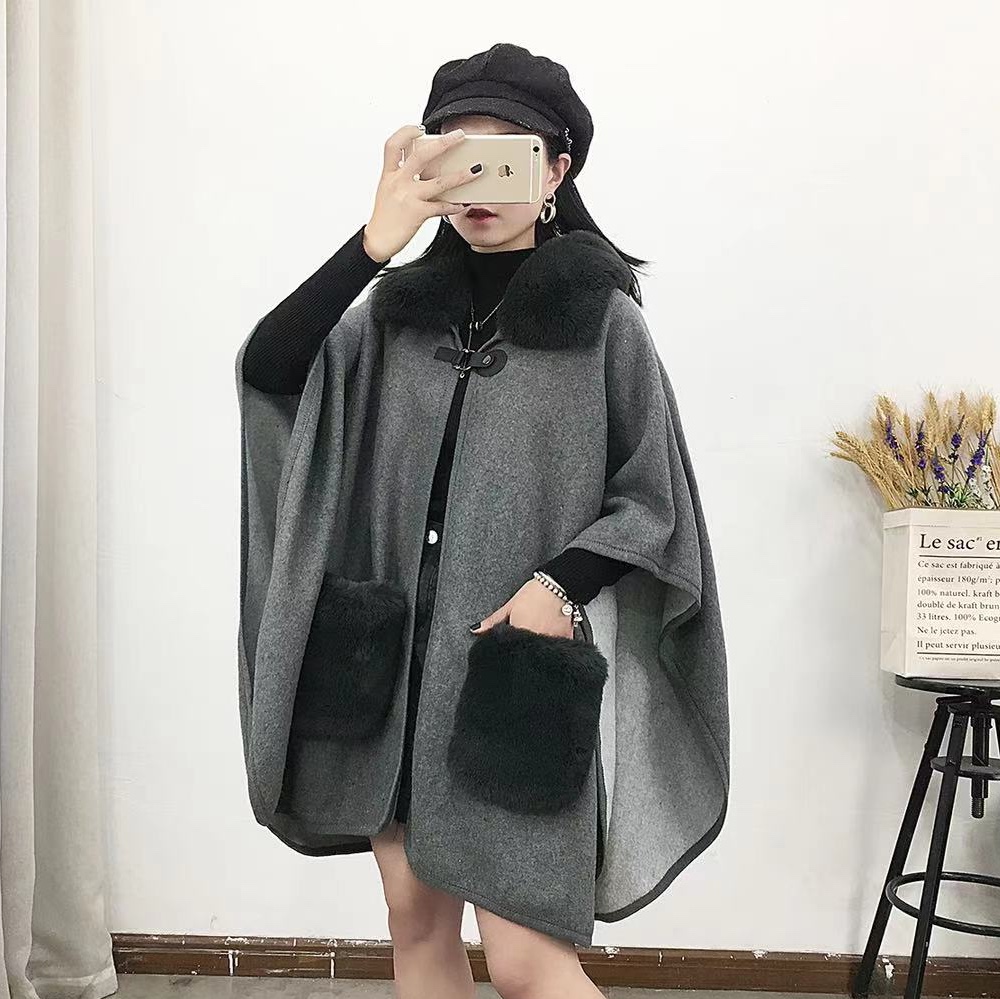 Double Complexion Knitted Shawl Fur Collar Pocket Winter Warm 2021 New Model