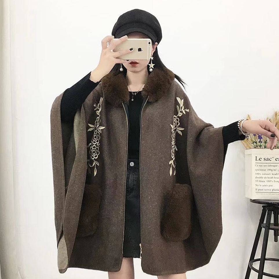 Embroidered Monochrome Fur Collar Cape