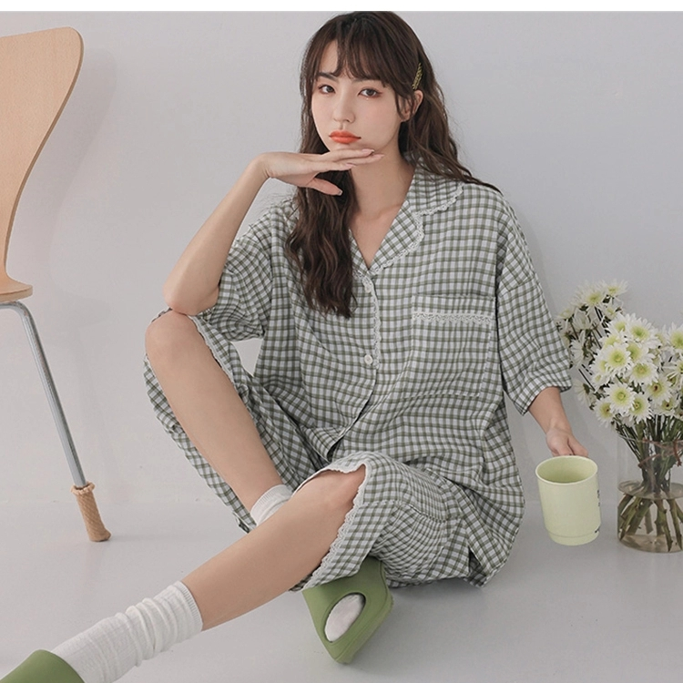 睡衣女夏短袖宽松可外穿甜美风 格纹花边日系小清新纯棉家居服套装