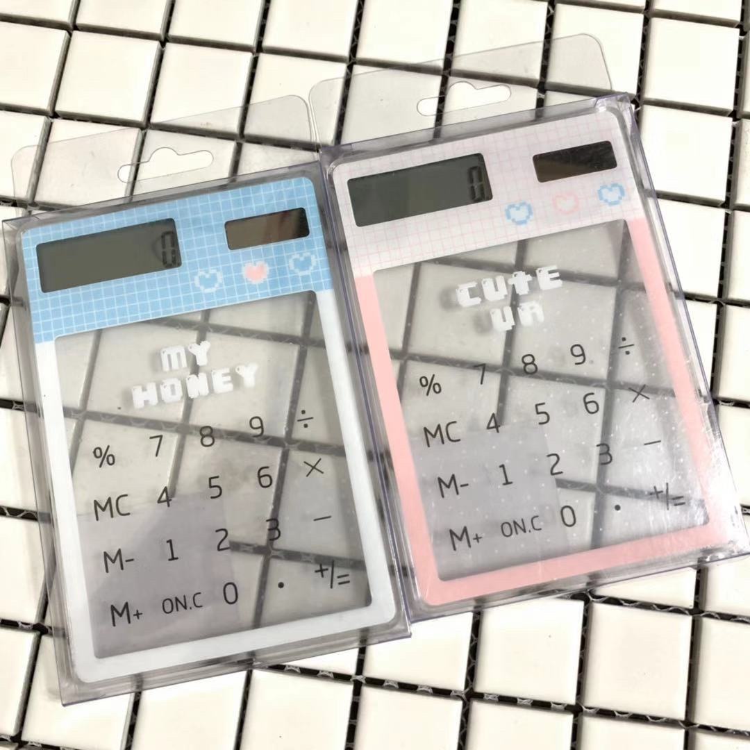 韩国少女心亚克力触摸计算机便携迷你猫咪薄透明太阳能计算器批发产品图