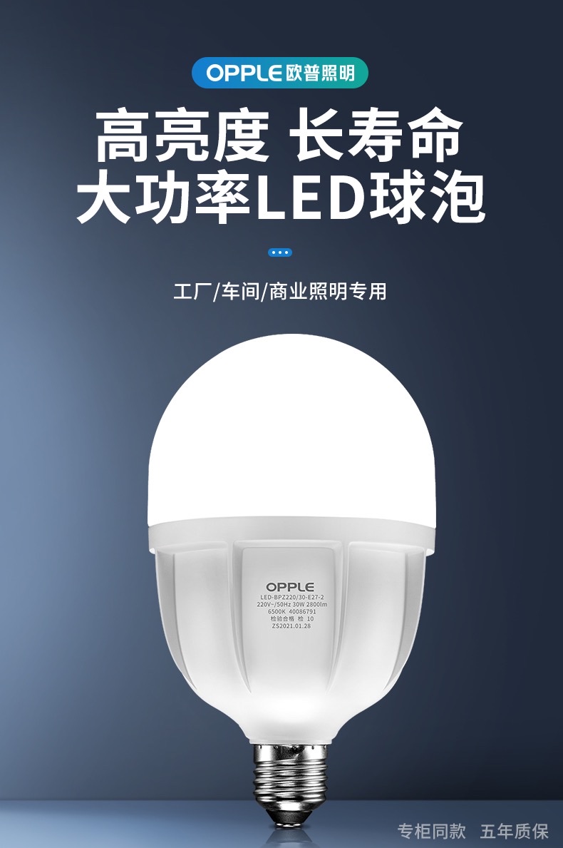 欧普球泡30瓦白光白底实物图