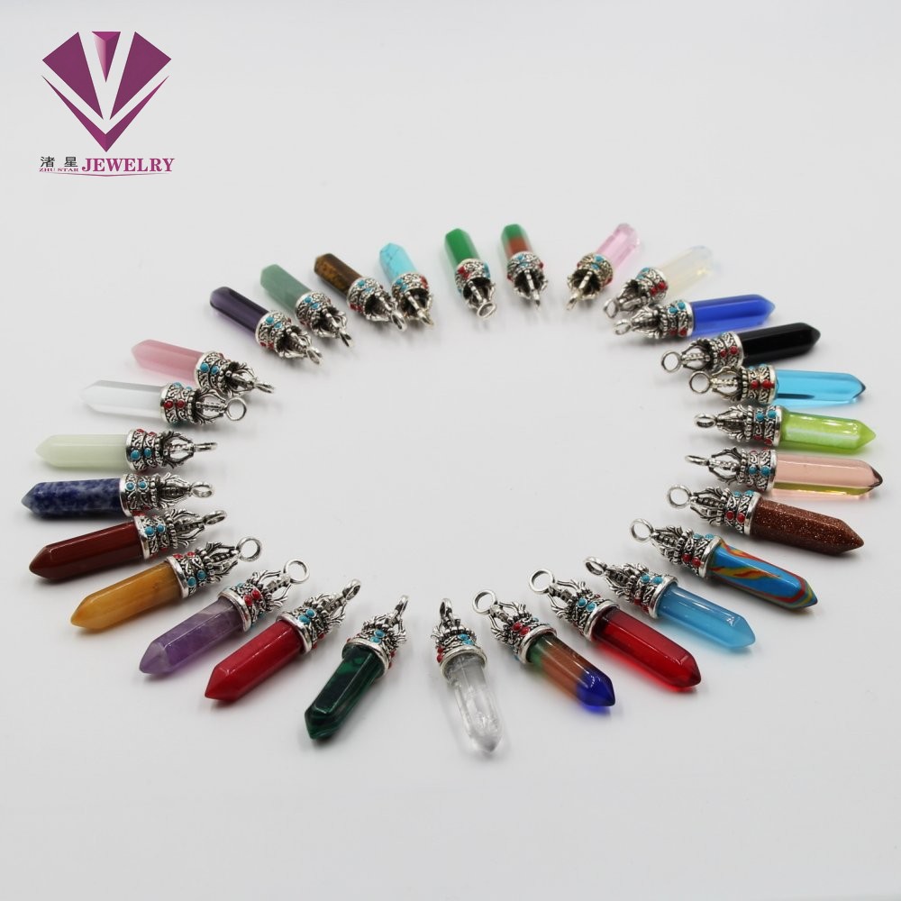 Natural Stone Crown cap hexagonal column Pendant, Agate, Rose, Green jade, redstone, Black stone, Opal, and amethyst thumbnail
