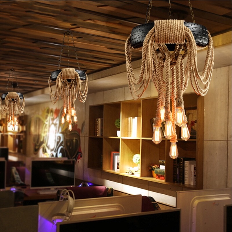 Industrial-style tire, hemp rope ceiling-mounted, coffee shop, restaurant, barbecue restaurant, hot pot restaurant, barber shop lighting fixtures detail image 17
