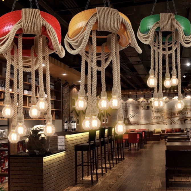 Industrial-style tire, hemp rope ceiling-mounted, coffee shop, restaurant, barbecue restaurant, hot pot restaurant, barber shop lighting fixtures