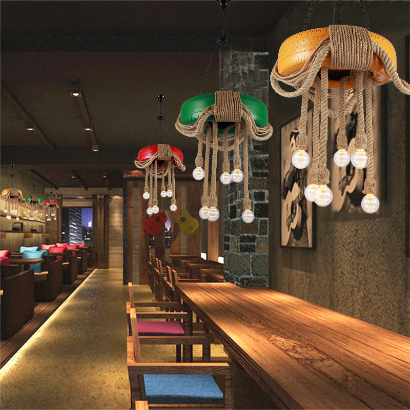 Industrial-style tire, hemp rope ceiling-mounted, coffee shop, restaurant, barbecue restaurant, hot pot restaurant, barber shop lighting fixtures detail image 1