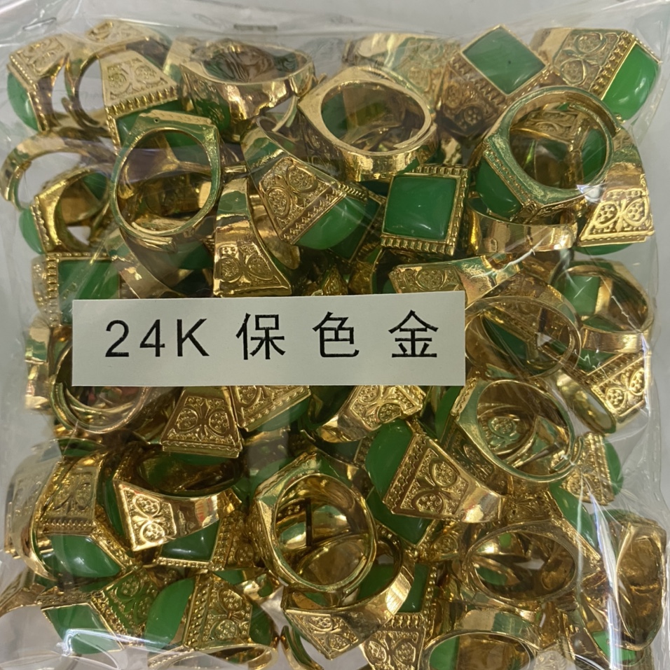 24K gold square green open ring for men
