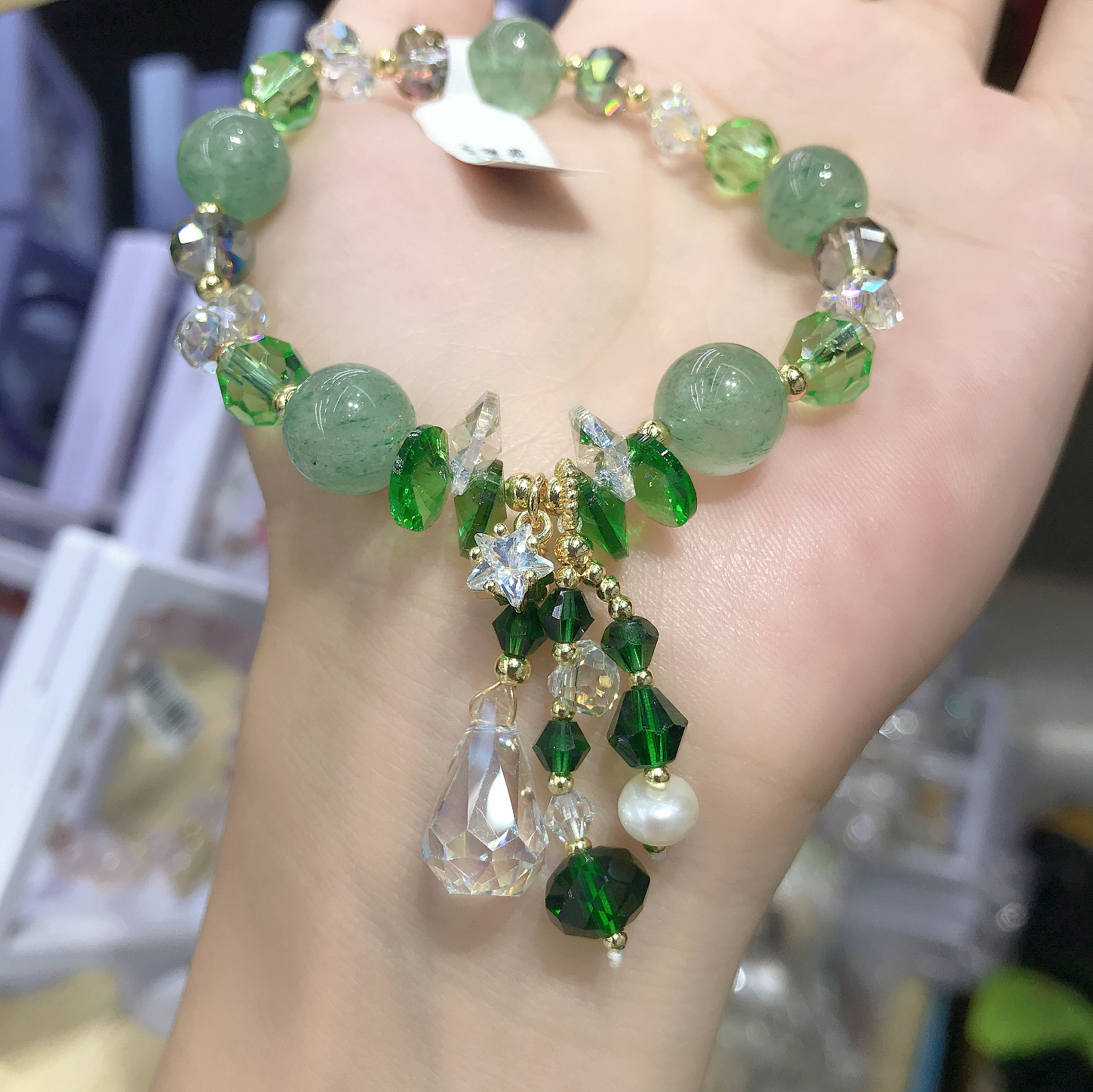 天然绿草莓晶水晶手链女  铜体镀14K真金 