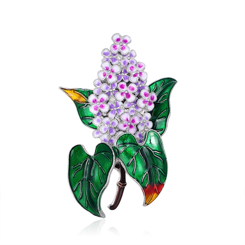 Purple flower brooch with green leaves thumbnail