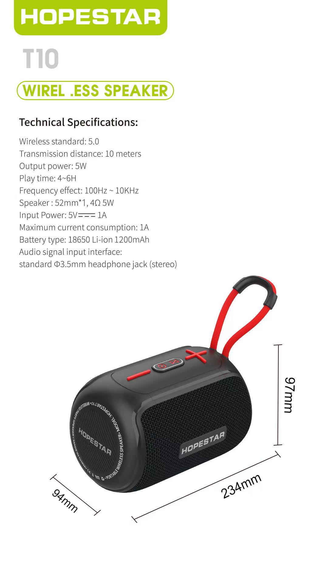 The new HOPESTAR-T10 has been launched. It is a portable, compact, high-power waterproof speaker with a fashionable color combination. It comes in 60PCS per piece. Dimensions: 44.3*41*3 detail image 7
