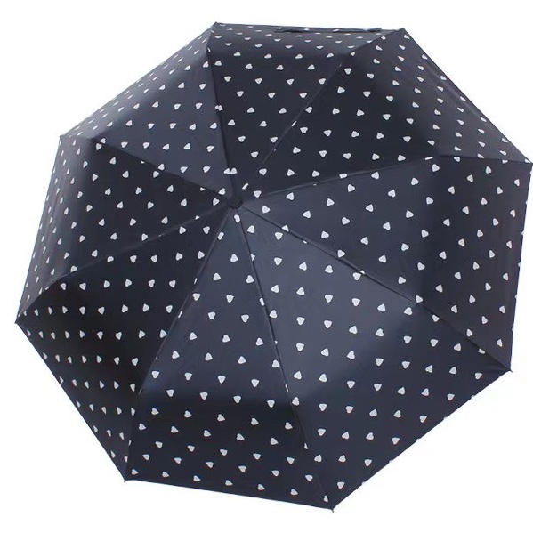 1427三折PG黑胶印桃心防晒晴雨伞黑色加大伞面二人使用无压力