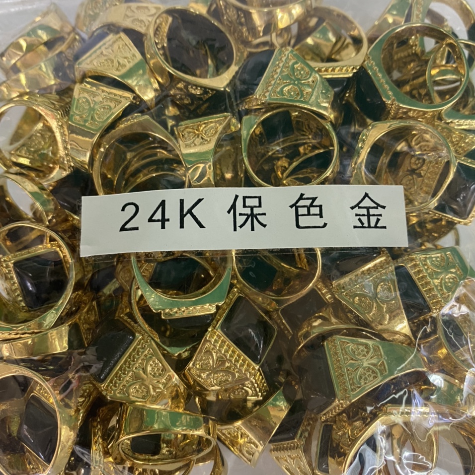 电24K金四方黑色男士开口戒指