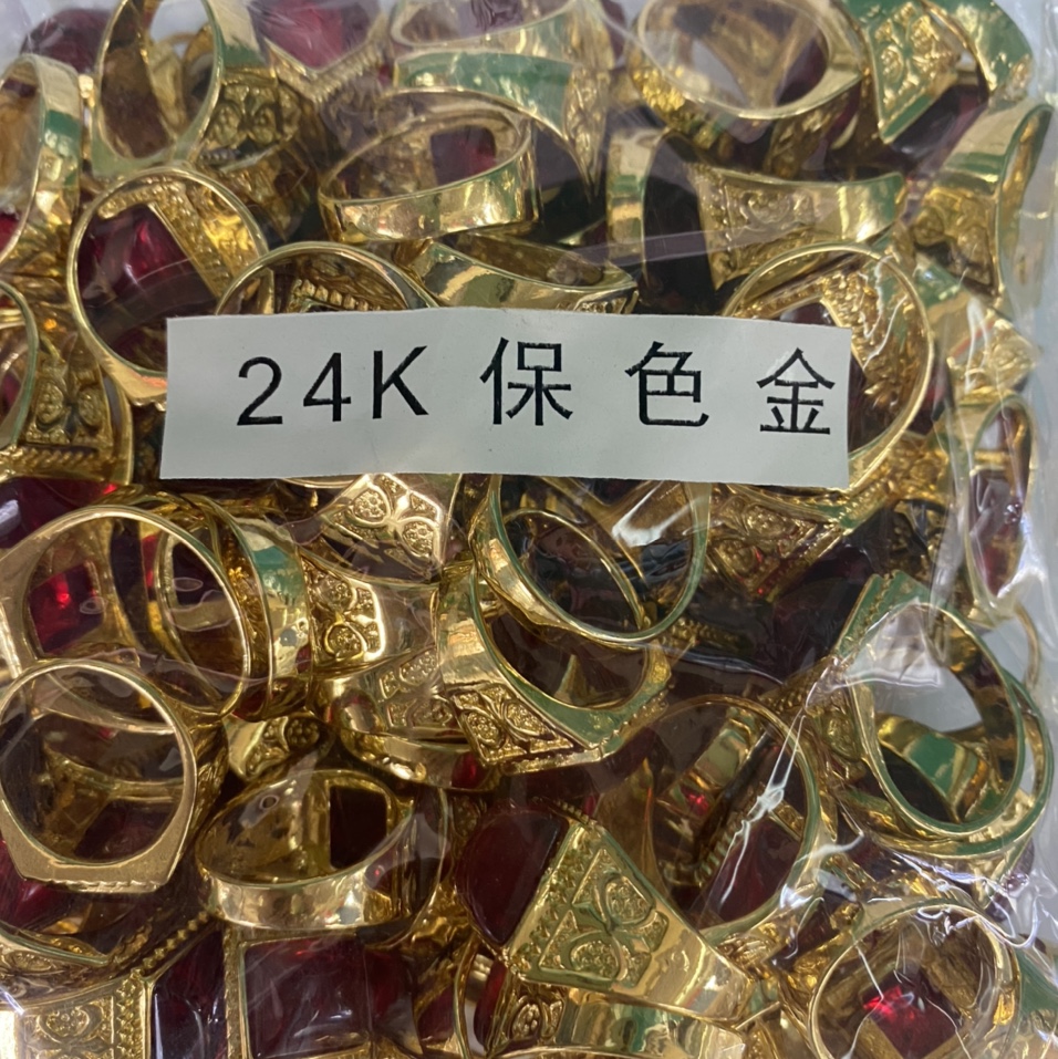 电24K金四方红宝石男士开口戒指