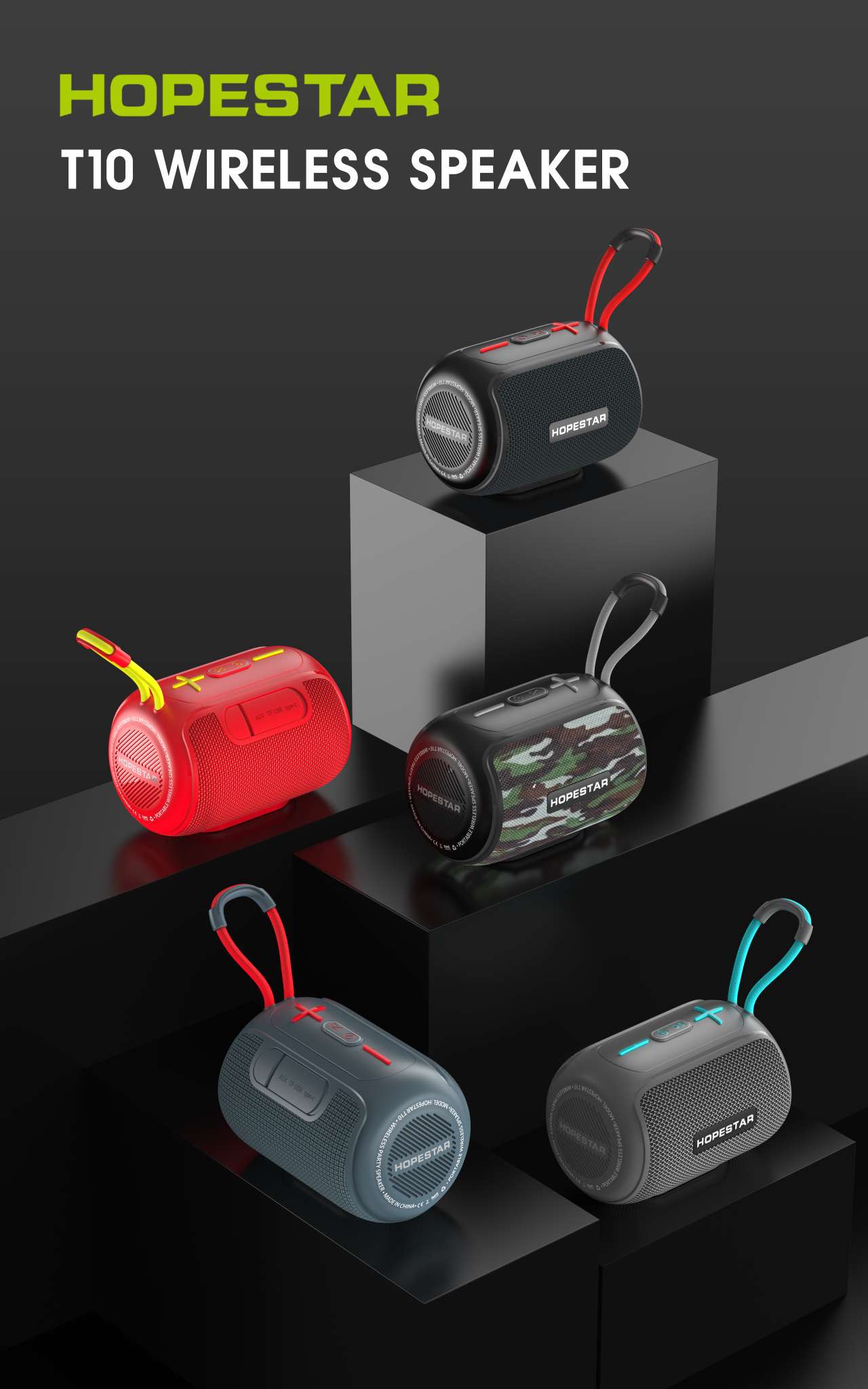 The new HOPESTAR-T10 has been launched. It is a portable, compact, high-power waterproof speaker with a fashionable color combination. It comes in 60PCS per piece. Dimensions: 44.3*41*3 details Picture