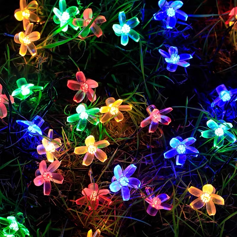 Solar-powered snowflake led color lights, flashing lights, string lights, starry sky, courtyard outdoor decorative lights, garden terrace landscape lights, cherry blossom 5-meter 20 lights, solar-powered color details Picture