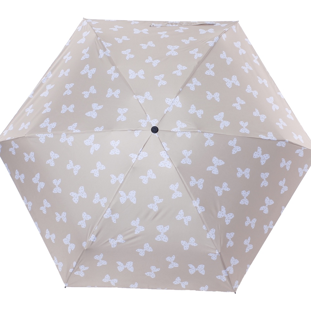 5493小五折数码印蝴蝶结黑胶防晒晴雨伞米黄短小易携带出差旅行必备