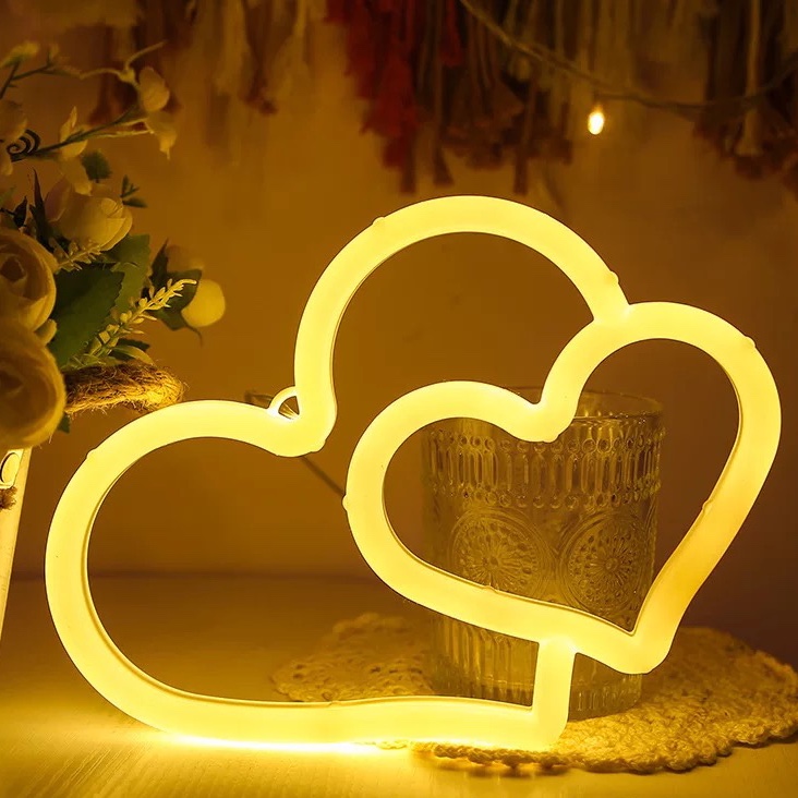 ins Double heart Neon-shaped lights for festive wedding rooms, romantic night lights, cross-border LED decorative lights, warm white