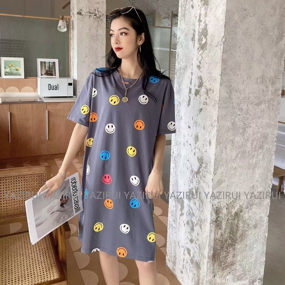 睡裙女夏季睡衣短袖薄款连衣裙春秋笑脸可爱纯棉绸夏天裙子学生