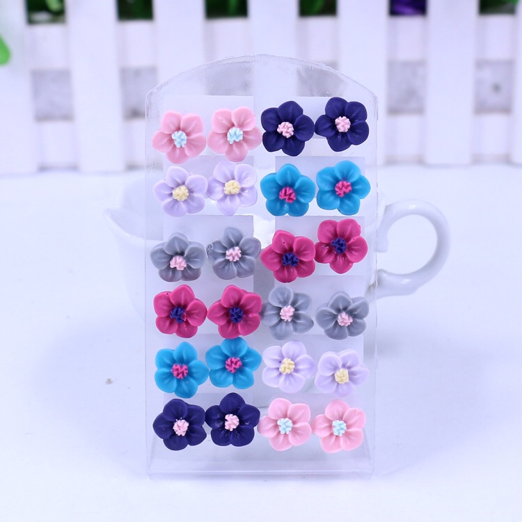 12 pairs of card stud set Korean version cute Macaron color resin flower iron pin stud wholesale thumbnail