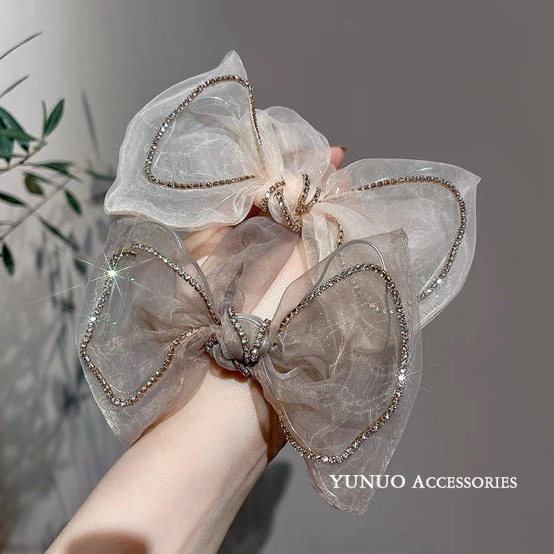 Korean delicate rhinestone bow head rope girly temperament ball head leather band hair rope headwear net red hair circle summer