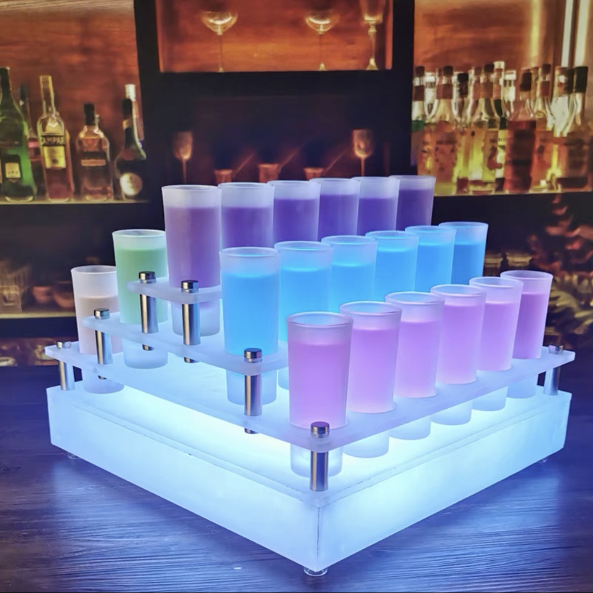 新品一口杯架创意发光鸡尾酒杯架LED酒吧KTV酒架子弹杯七彩酒杯架30孔不带杯子