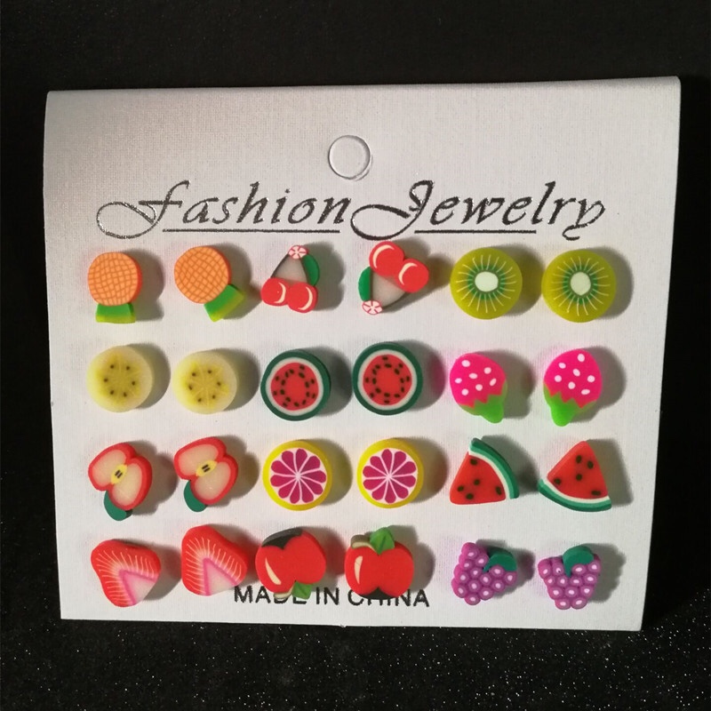 Small earrings set 12 pairs of cute fruit earrings Small stick women's earrings Rainbow small earrings one card