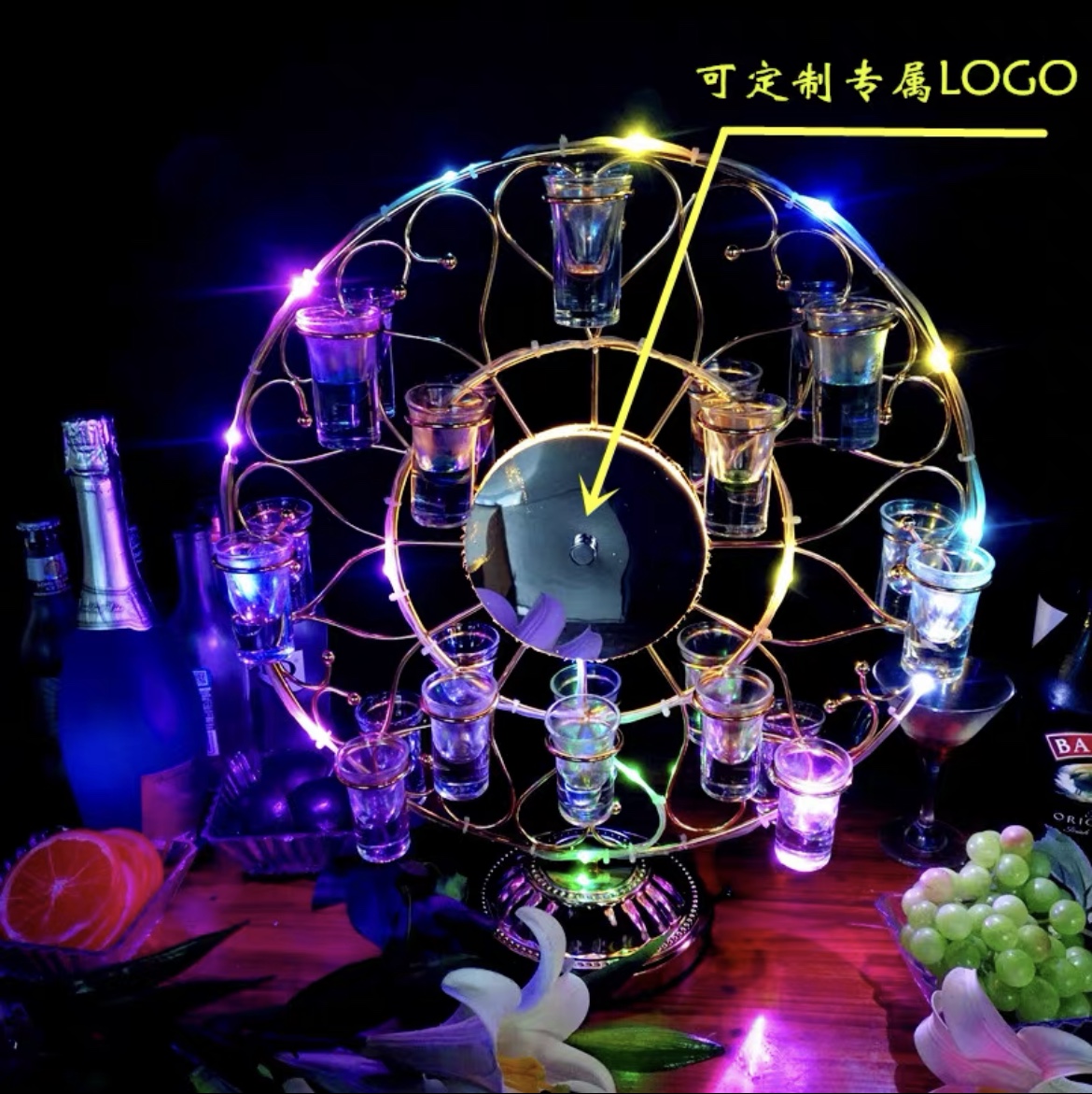 新品一口杯架创意发光鸡尾酒杯架LED酒吧KTV酒架子弹杯七彩酒杯架24孔不带瓶子