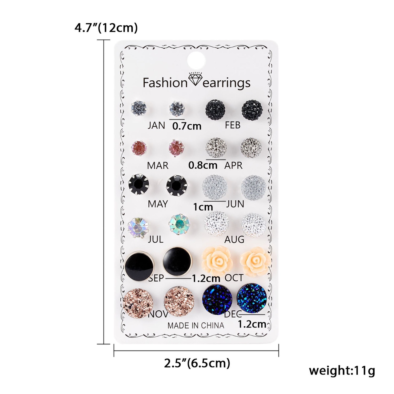 Cross-border color mix 12 pairs of round rhinestone Crystal Flower paper stud earrings December combination card stud set thumbnail