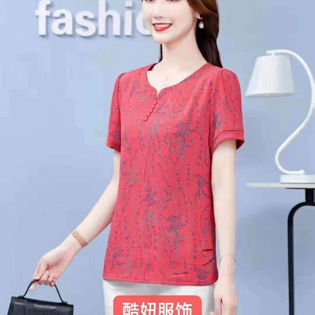 西瓜红花雪纺短袖
