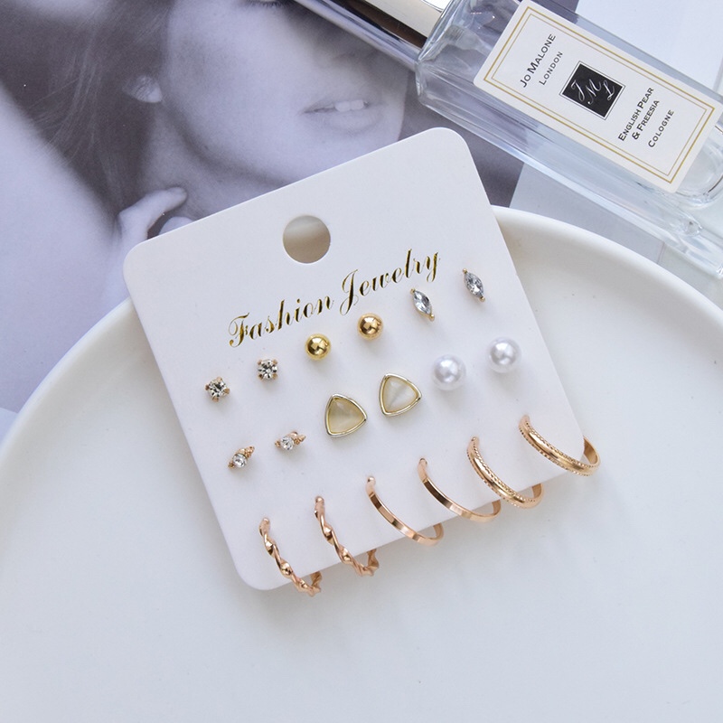 Gold geometric temperament women's combination package diamond stud set Korean half circle earrings thumbnail