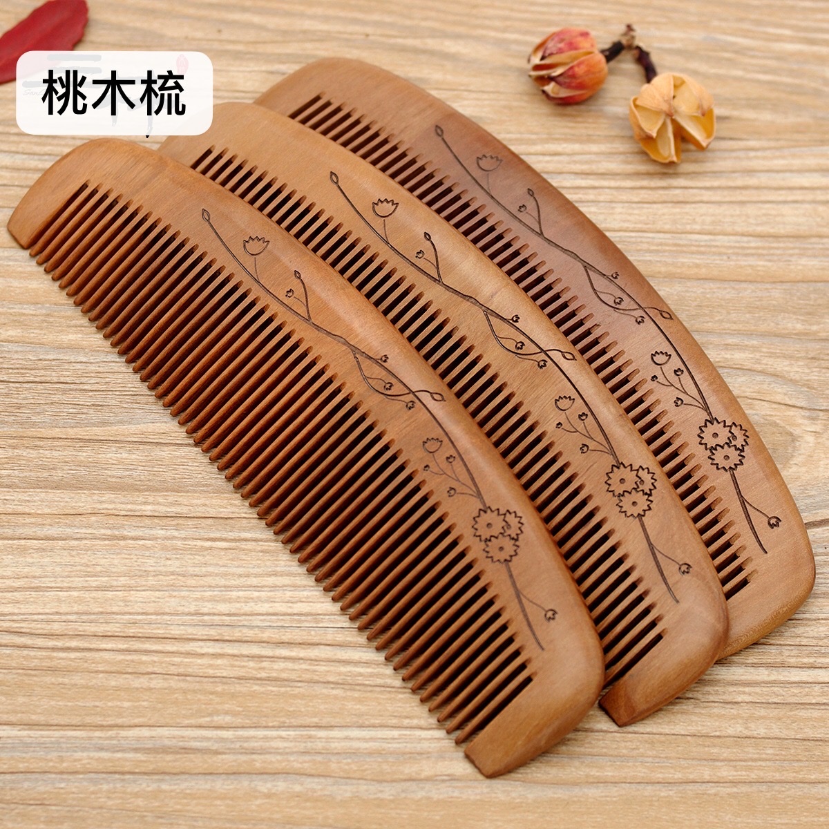 Factory direct sales of genuine natural wood peach wood combs, extra-large crescent-shaped combs, fine-toothed combs, 21-3 detail image 5