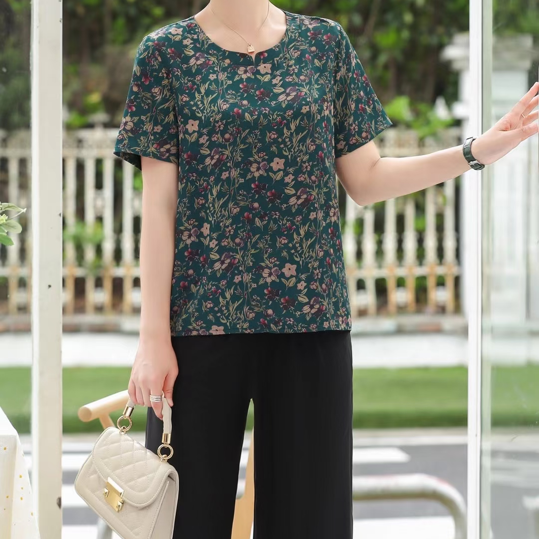 中老仿真丝绿色短袖