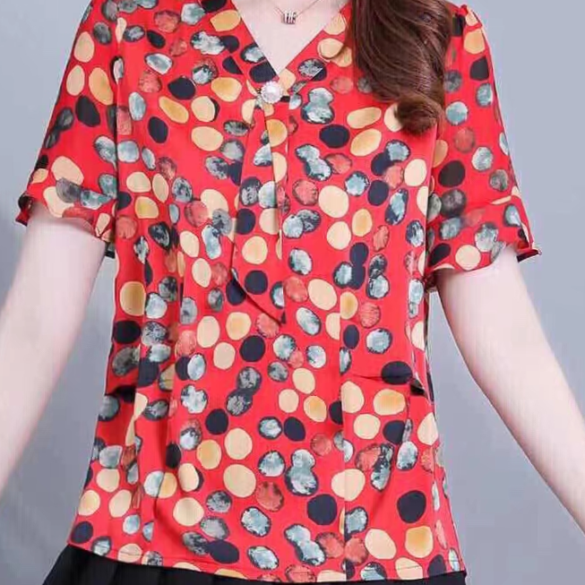 仿真丝V领花短袖