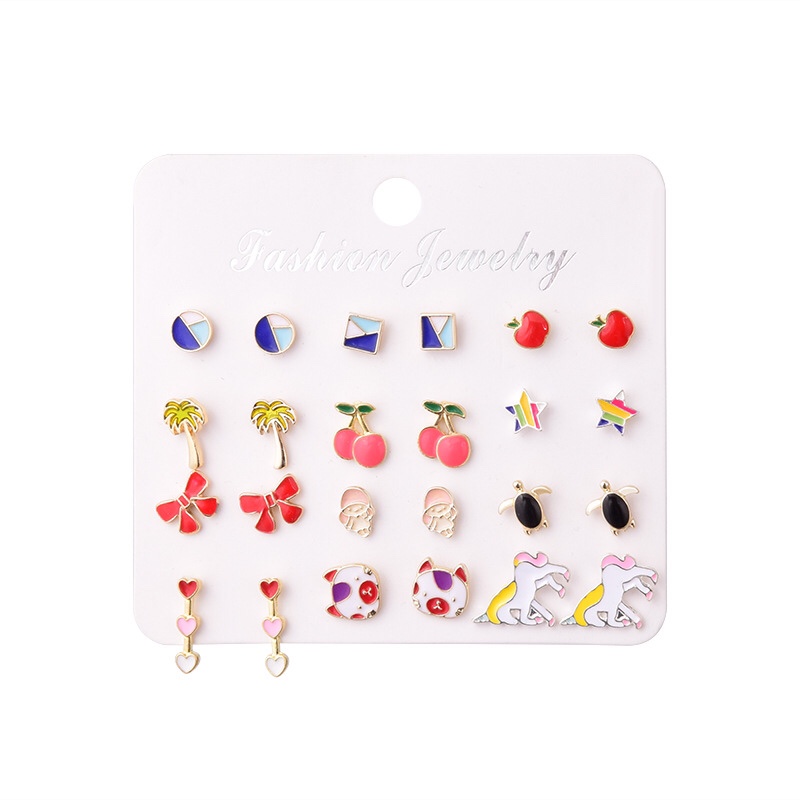 New stud set Cute Fruit Animal 12 combination drip earrings
