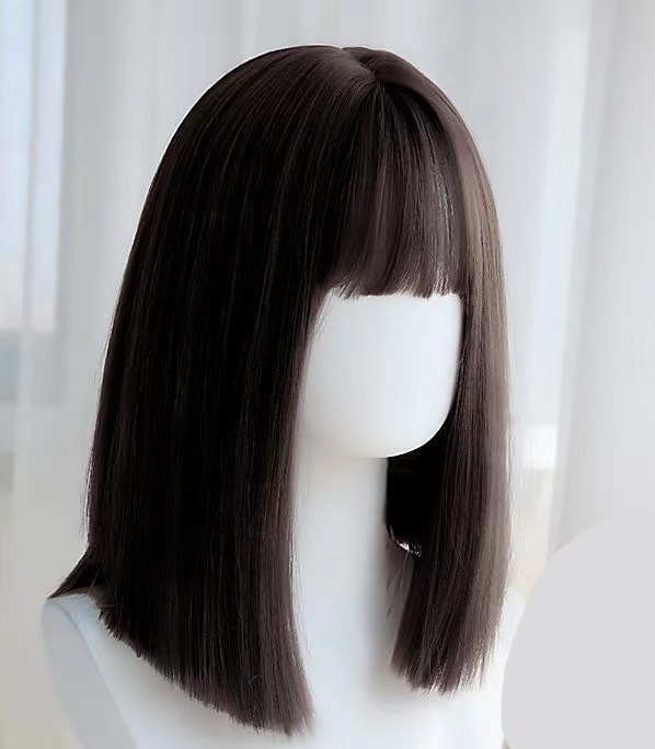 A woman with a wig, short hair, natural full head cover style, round face, straight hair, green face trimming, fluffy and fashionable medium-length hair Specification image