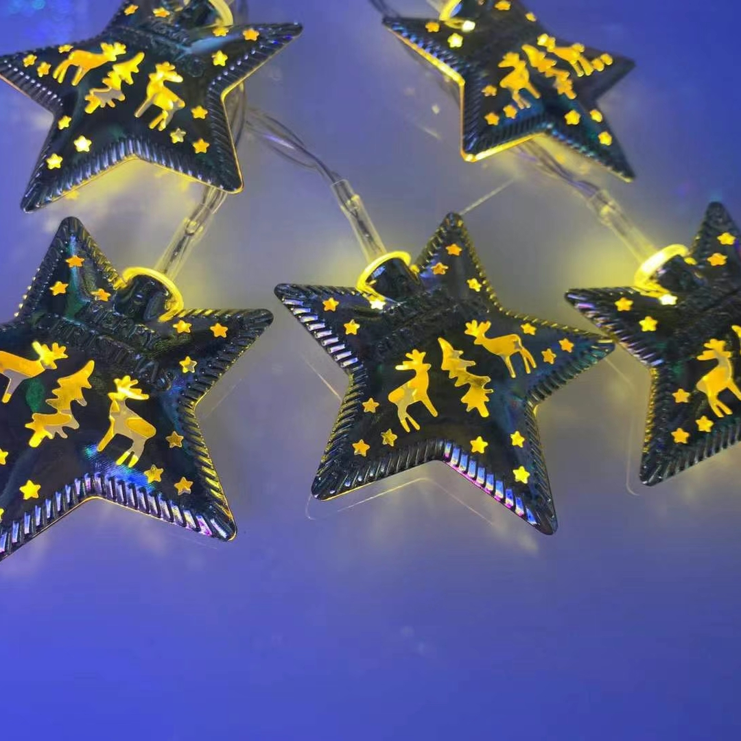 LED电池灯串，暖光＋铁艺金色圣诞五星